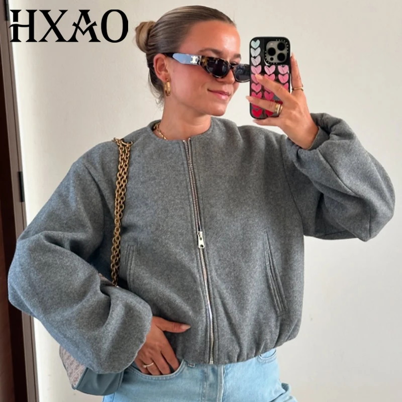 HXAO Autumn Women 2024 Women's Jackets Soft Tweed Crop Jacket Red Grey Beige Jacket Long Sleeve Oversize Outerwears Casual Coats