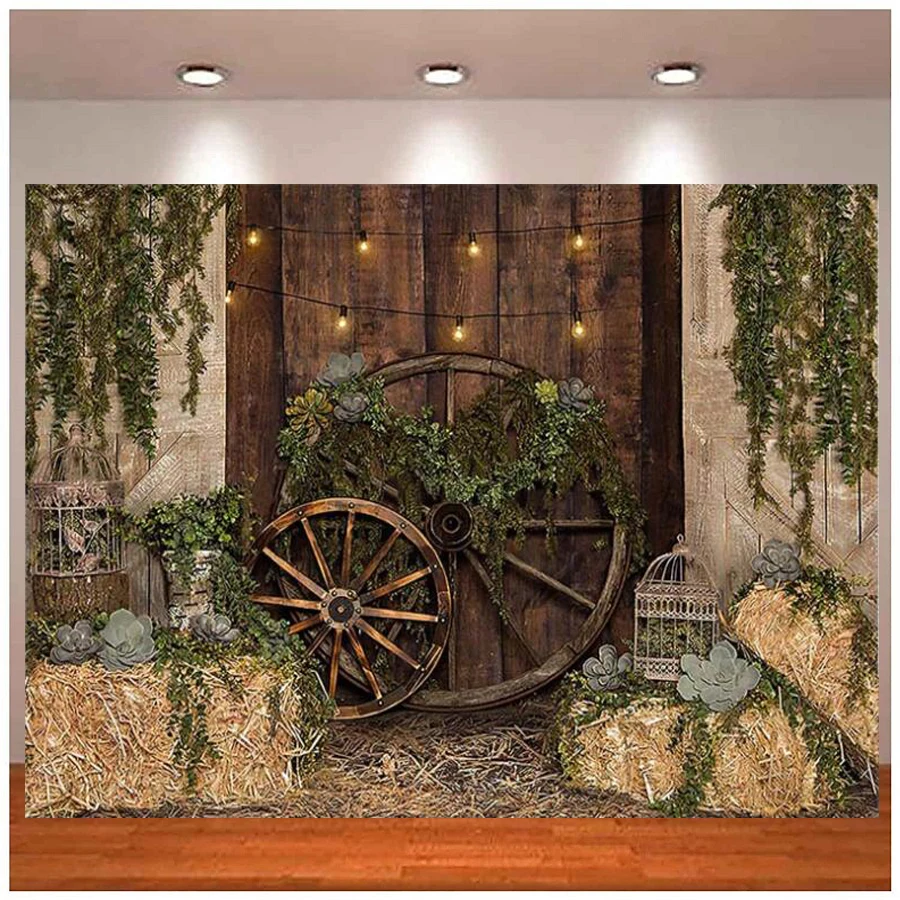 

Photography Backdrop Spring Newborn Brown Boards Hay Wheels Decor Baby Birthday Party Cake Background Banner For Photo Studio