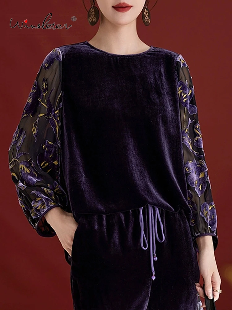 

Winsleter- Bottom 100%Real Silk Elegant Velvet T-shirt, Lantern Sleeve O Neck, Woman Retro Commute Top, 2025 Autumn New T59701CC