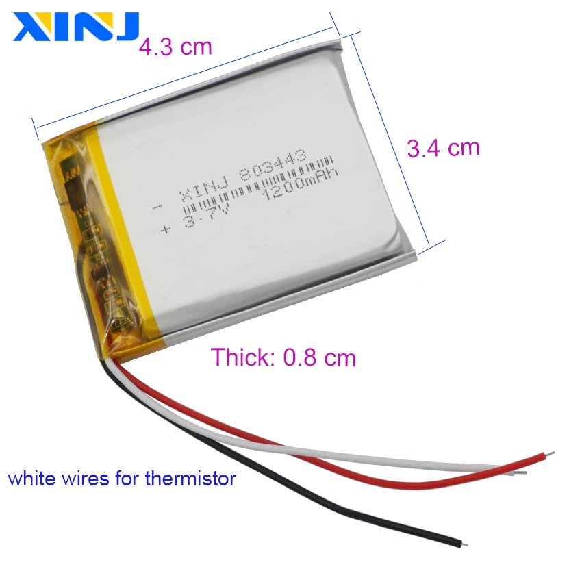 Batteria al litio Li a 3 fili con termistore ricaricabile ai polimeri di litio NTC da 3,7 V 1200 mAh 4,44 Wh 803443   Per la fotocamera DashCam del lettore musicale GPS