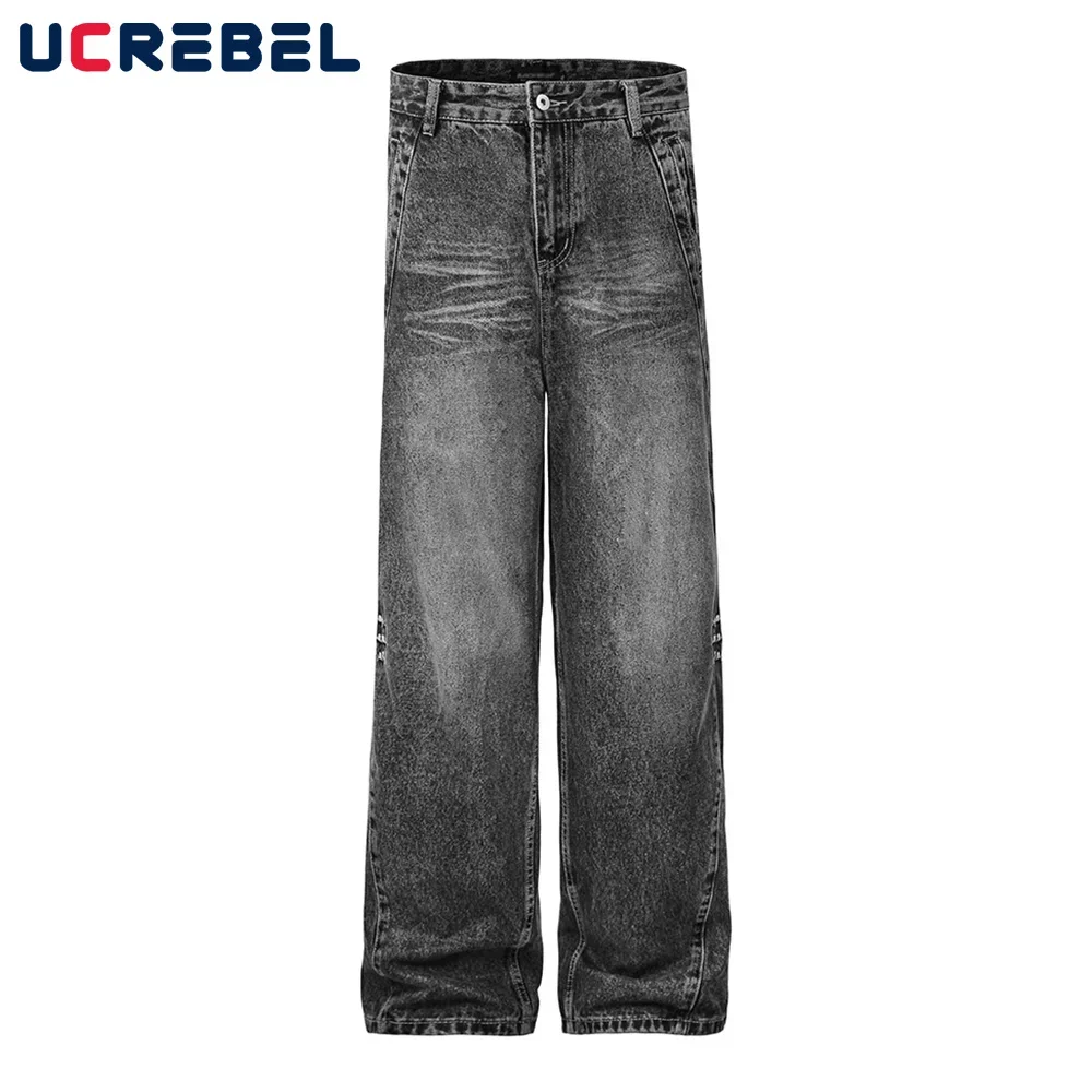 

Spliced Washed Distressed Jeans Mens with Rivets High Street Loose Straight Wide Leg Denim Trousers Men Pants