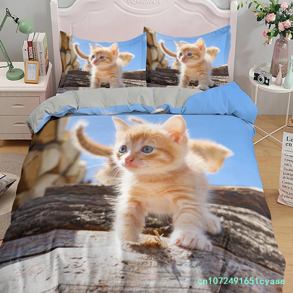 Little Cat Duvet Cover King Queen Size 3D Grey Cute Kitten Bedding Set For Adults Lovely Animal 2/3pcs Polyester Quilt Cover