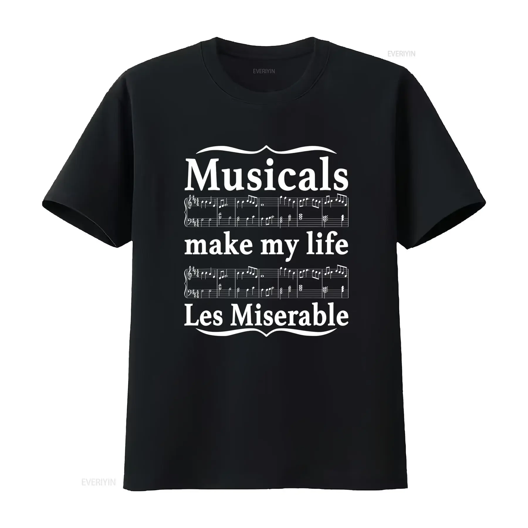 Musicals Maken Mijn Leven Les Miserable Grappig Theater T Shirt Zwart met Witte Muzieknoten Lyrics Print Regular Fit Ronde