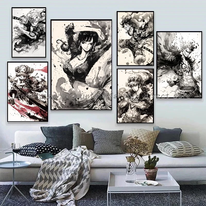 Anime One Piece Luffy Zoro Poster Ink Painting Style Art Print Canvas Painting Creative Home Wall Painting Decoration