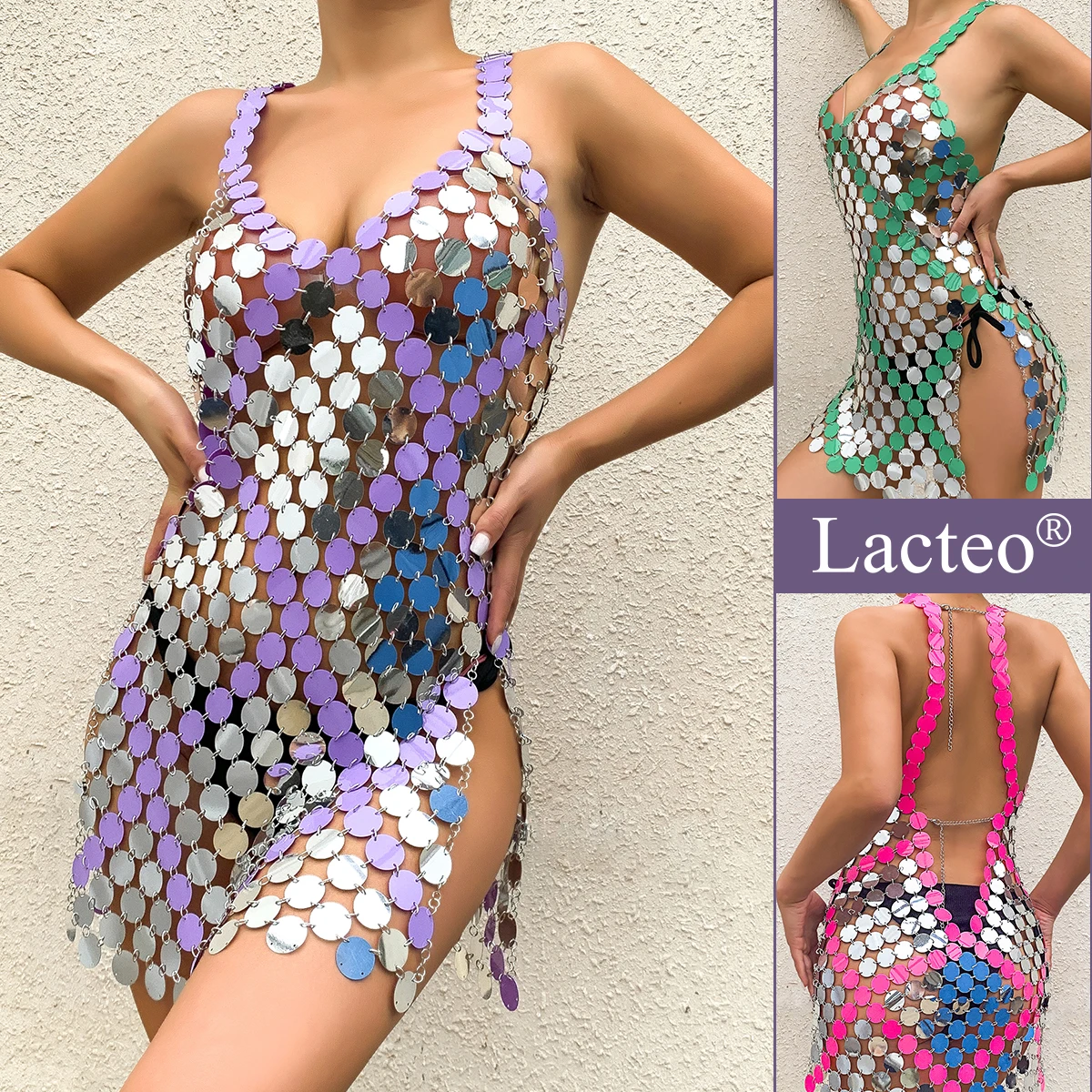 Lacteo Bohemia Multicolor Sequin Mini Dress V Neck for Women Female Trendy Backless See Through Sleeveless Dresses Party Gifts