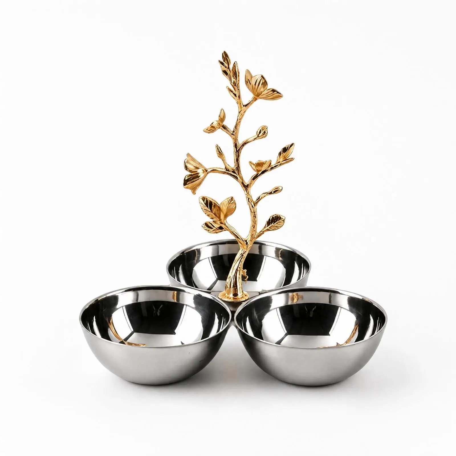 Three Compartment Serving Tray Stainless Steel Industrial Plate Fruit Display Bowl with Center Handle for Restaurant Kitchen