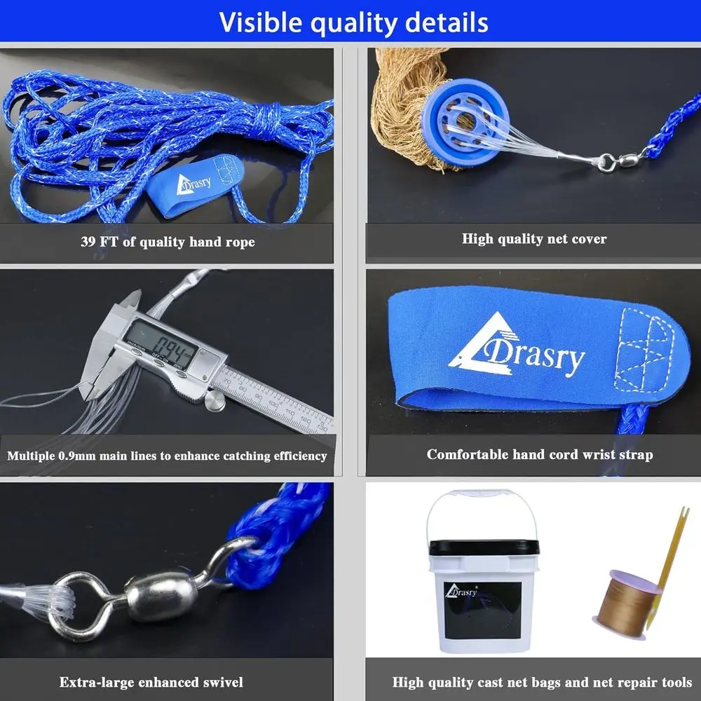 1/2 شبكة صيد الأسماك في المياه المالحة لمصيدة الطعم مع شبكة رمي السمك لغطاس الرصاص. حجم 3ft/4ft/5ft/6ft/7ft/8ft/9ft نصف القطر للمياه العذبة #5