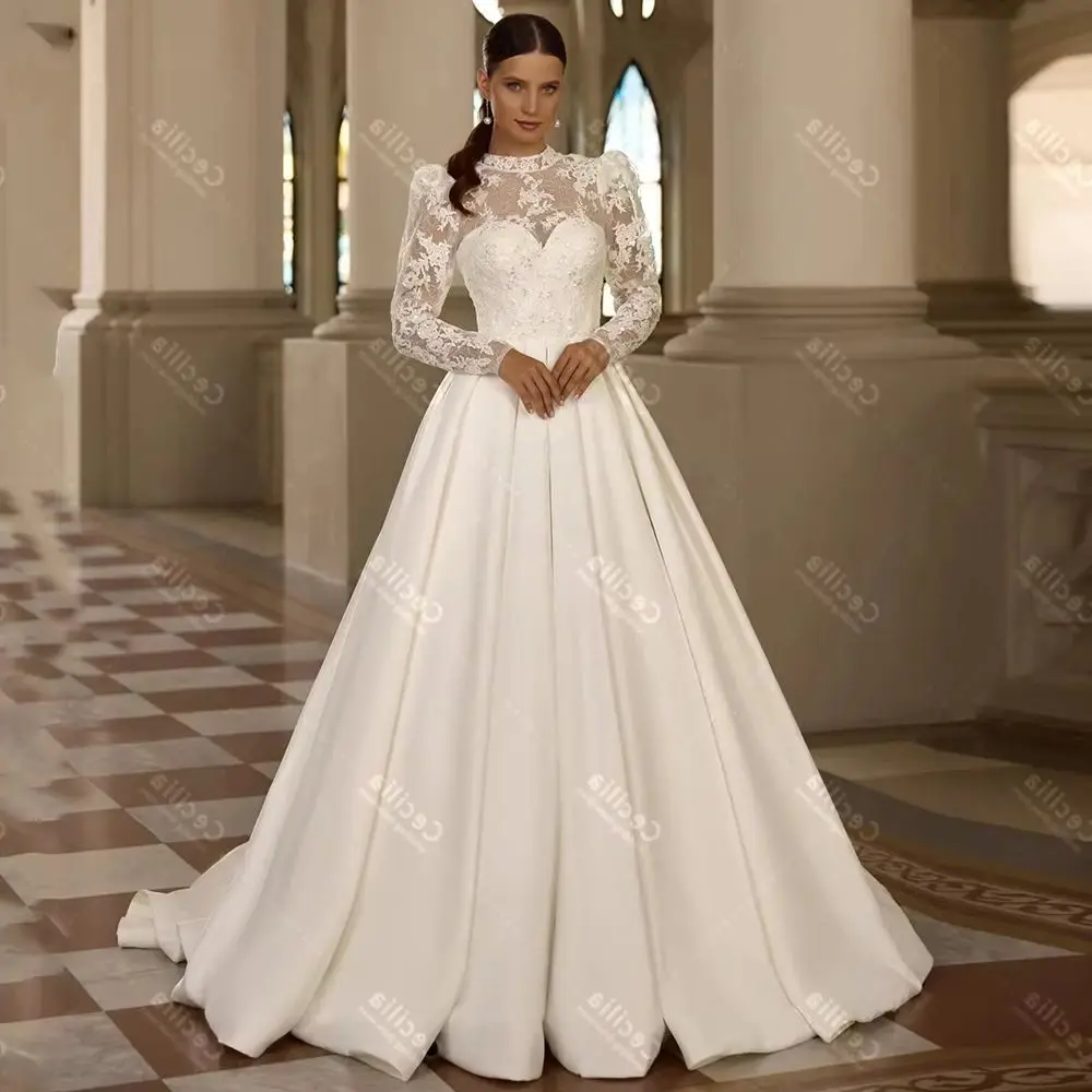 فساتين زفاف عتيقة زي العرائس الكلاسيكية دانتيل زينة كم كامل رداء رشيق رقبة دائرية مخصصة Vestidos De Novia 2026