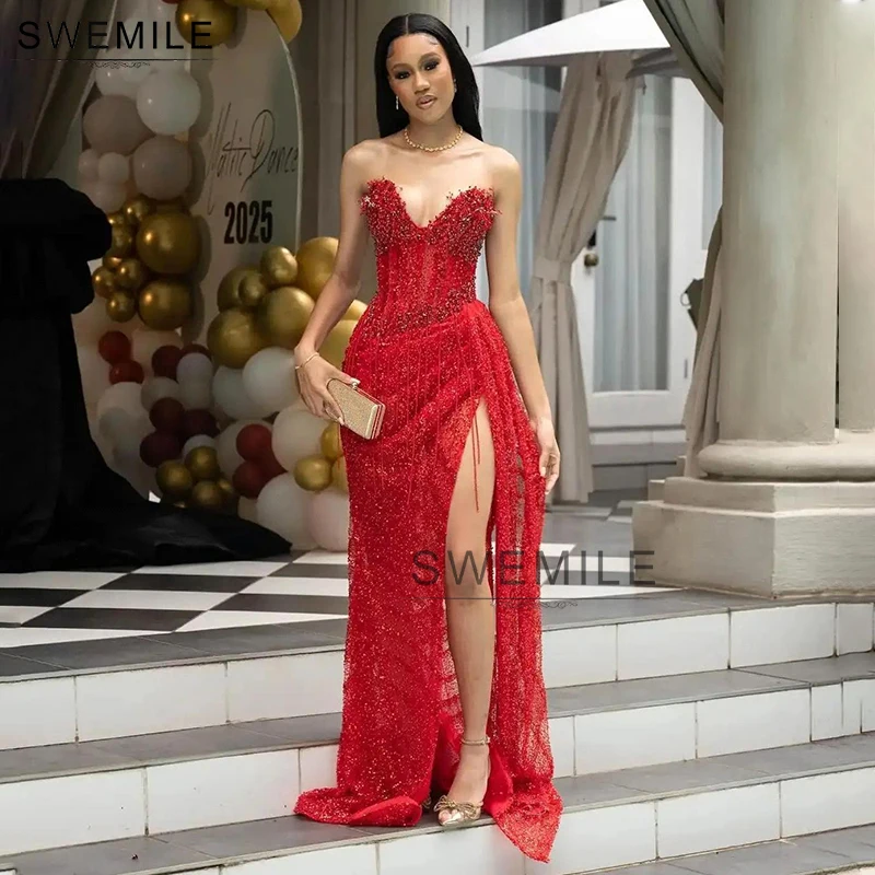 SWEMILE Rotes, mit Perlen verziertes Quasten-Luxus-Abschlussballkleid, sexy, schulterfrei, V-Ausschnitt, Seitenschlitz, Abendkleid, schwarzes Mädchen-Meerjungfrau-Partykleid