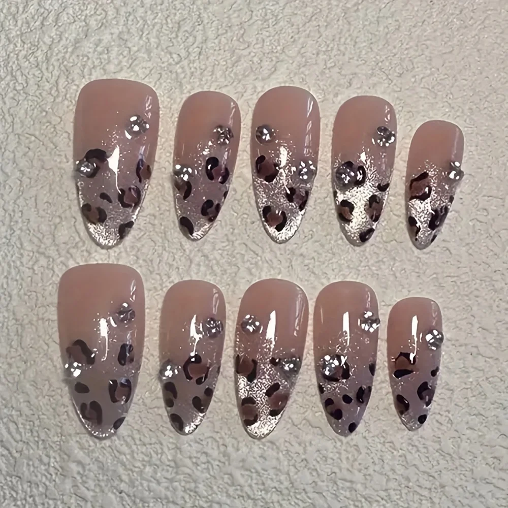 10pcs High-end Leopard print and cat eyes flashing handmade fake nails, Leopard print Hottie medium long nail decoration patch image 2