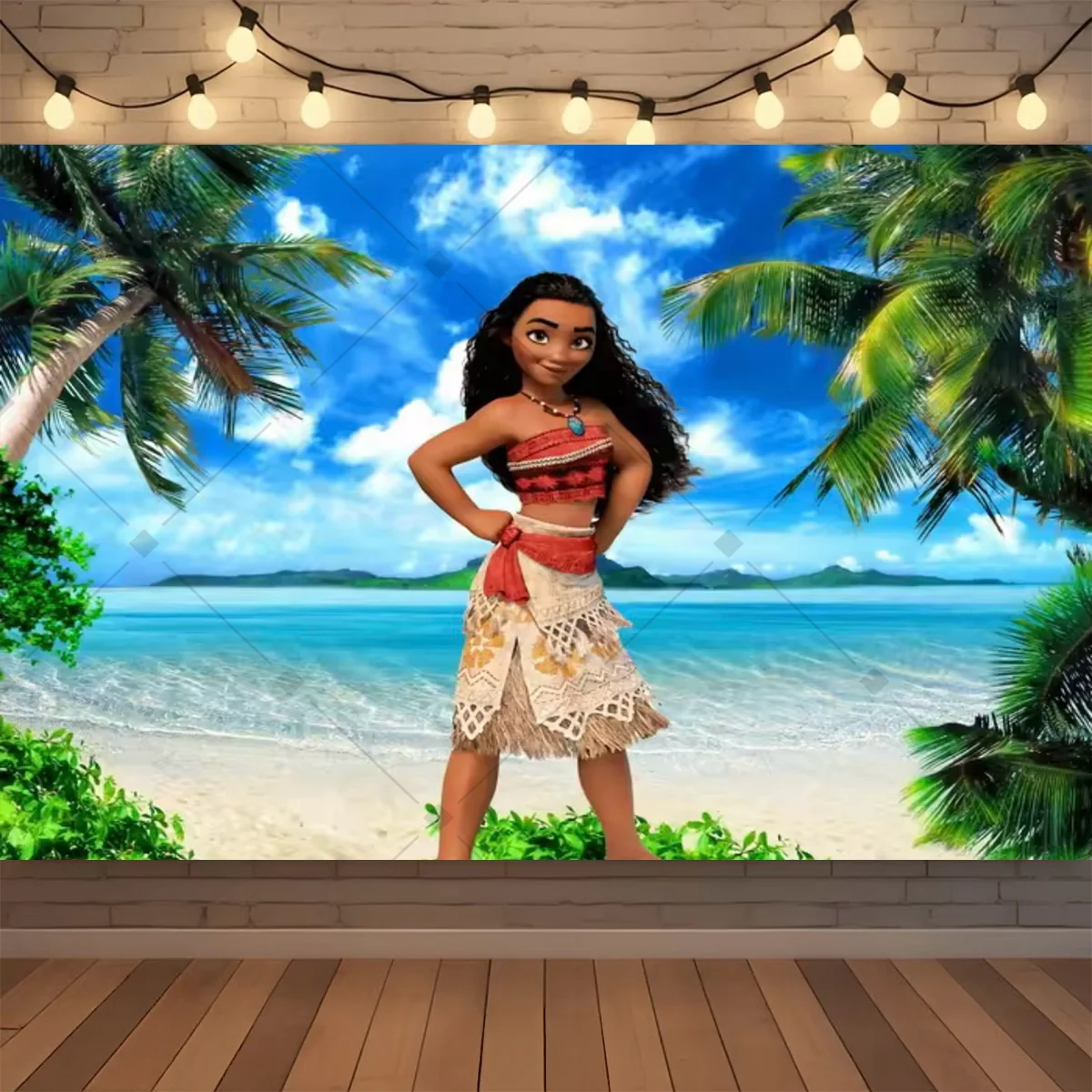 Cartoon-Moana-Geburtstagshintergrund, tropische Ozeaninsel, Palmenblume, Mädchen-Geburtstagsparty, Babyparty-Dekoration, Kinder-Fotohintergrund