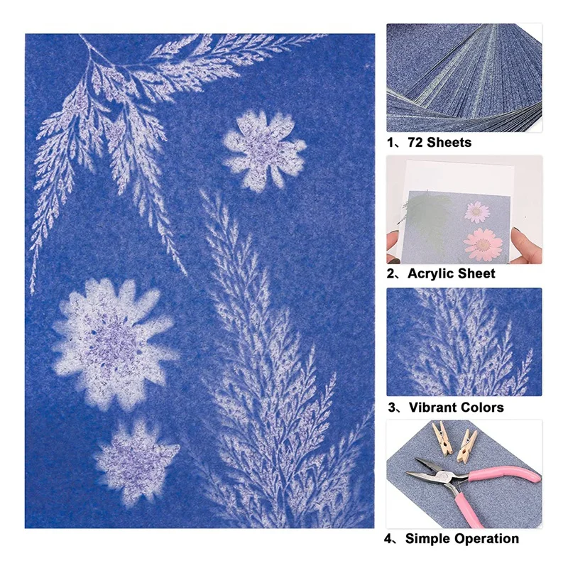 73 Pieces Sun Print Paper Cyanotype Paper Kit, Solar Drawing Paper Sensitivity Sunprint Nature Printing Paper