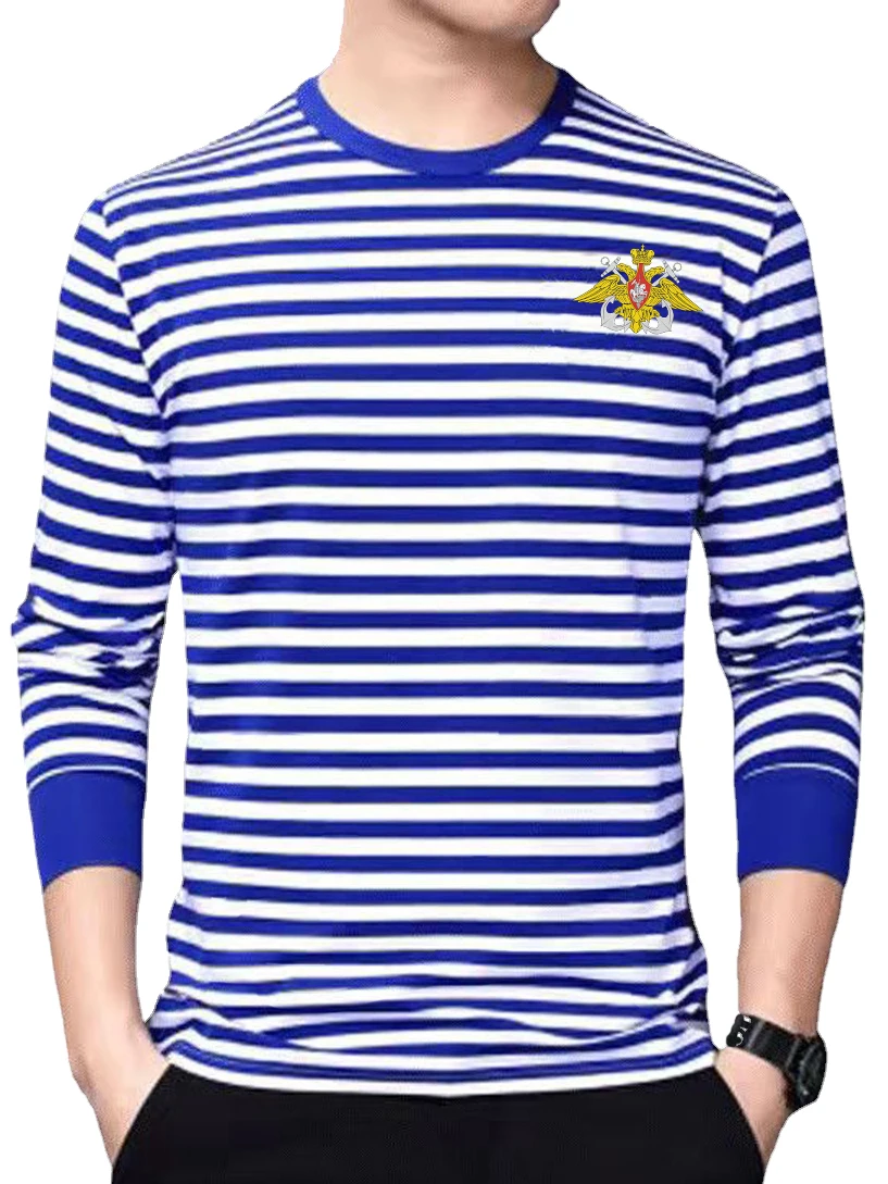 Russia Sailor Telnyashka Tops Russian Naval Marine Sailor's Striped Shirt Polyester Cotton Long Sleeve Mens Stripes T-Shirt