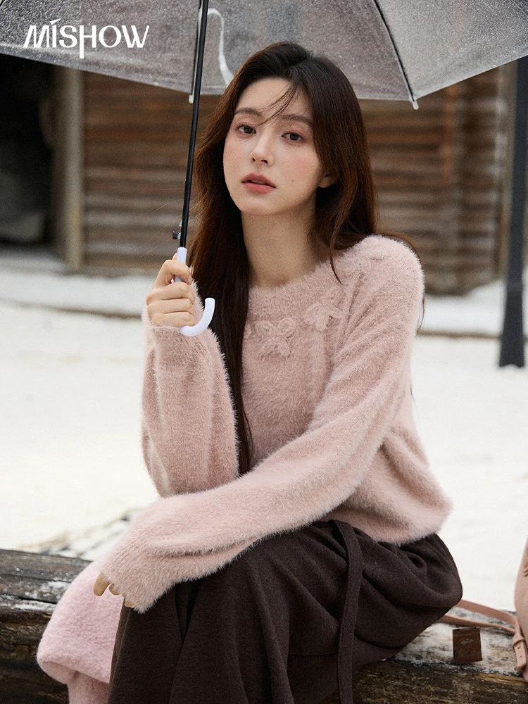 

MISHOW Long Sleeve Sweaters 2025 Winter Elegant Loose Handmade Crochet Bowknot Sweater Women's Casual Knitted Top MXE87Z2679