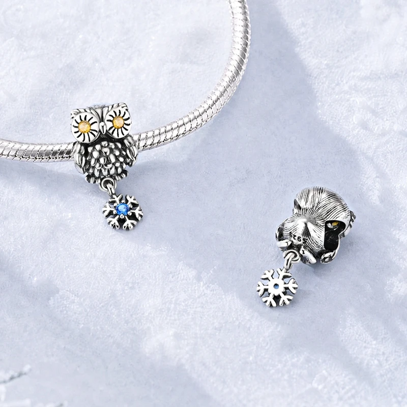 Winter Snowy Owl Snowflake Animal Charm 925 Sterling Silver Bead Jewelry For Woman Fit Chain Bracelet Diy