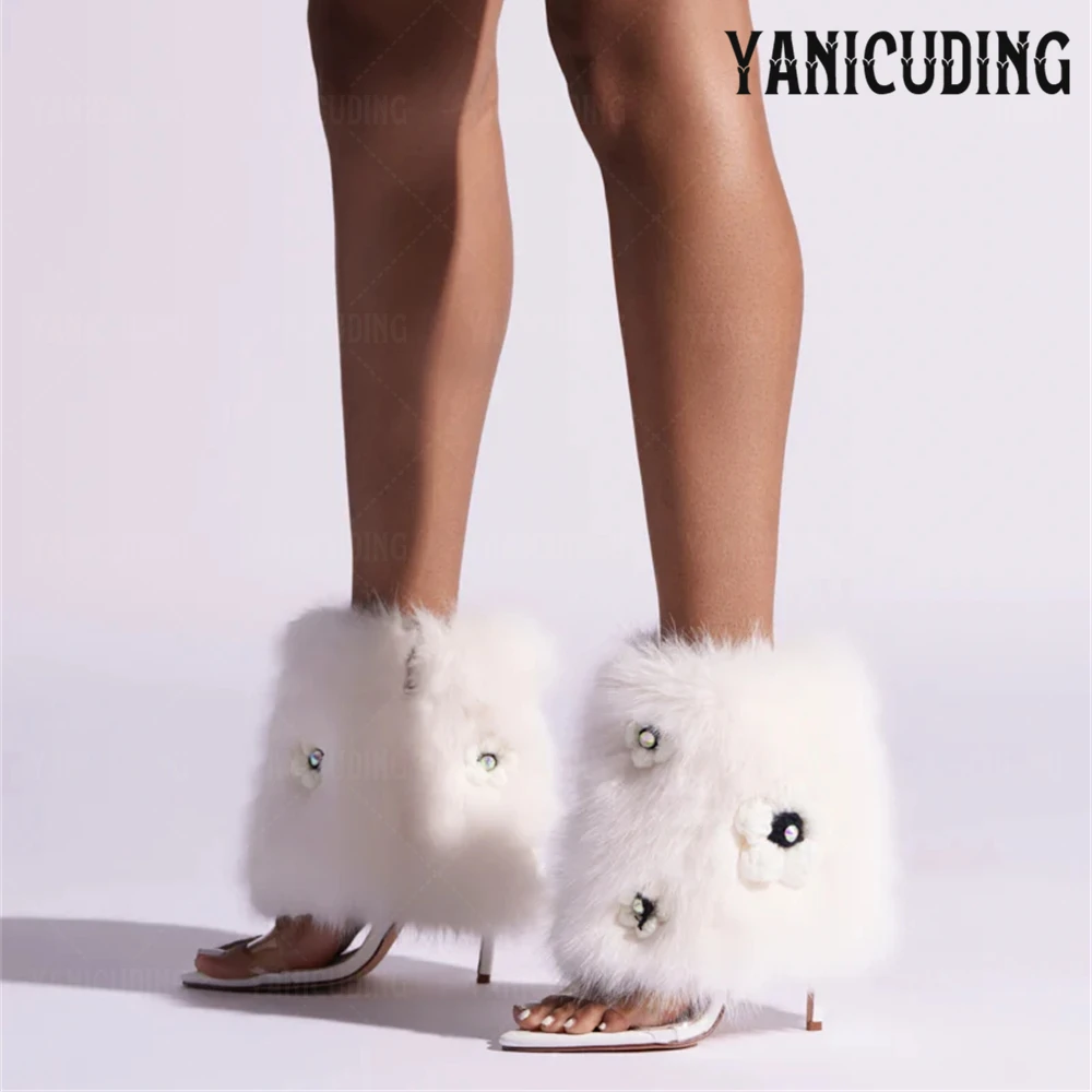 Faux Fur Sandal Booties Pvc Foot Strap Pointed Summer Boots Sexy Style Stiletto Heel Boots Plush Flower Embellished Ankle Boots