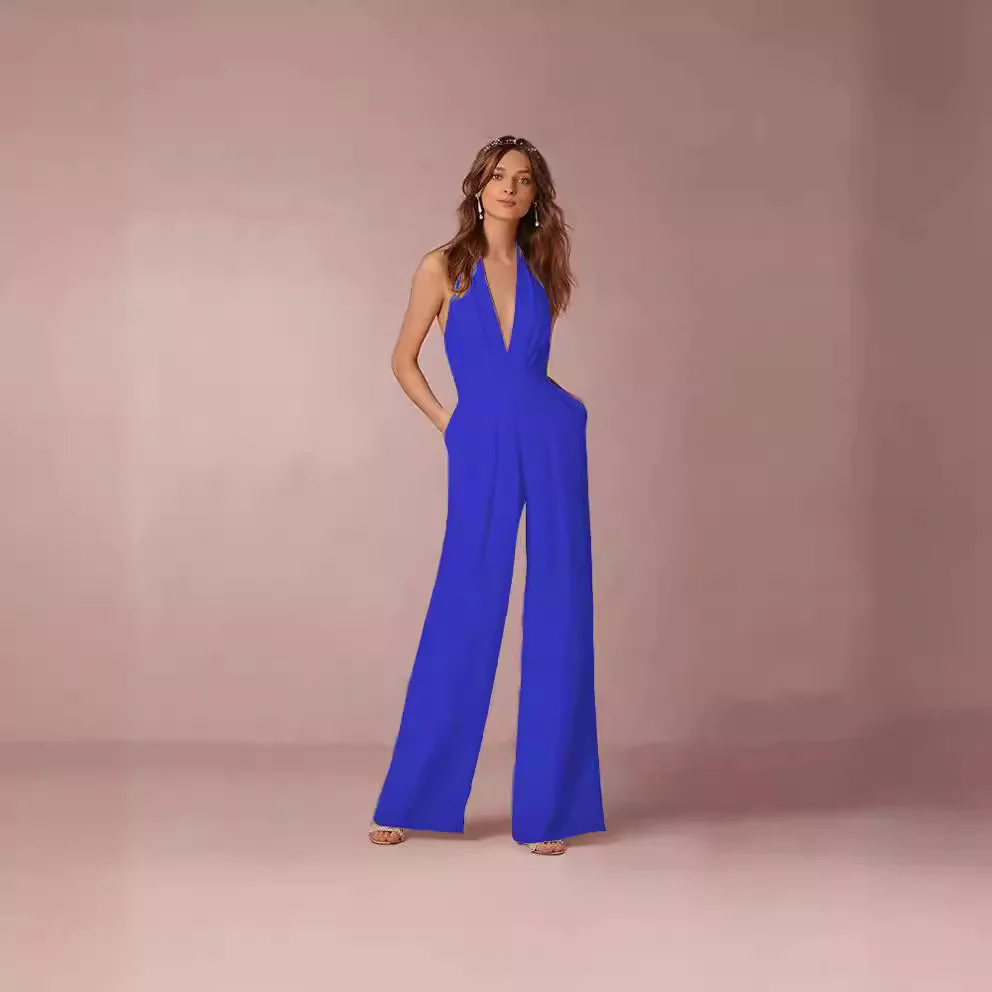 Kombinezon na wiosnę 2025, swobodny, seksowny, bez rękawów, z dekoltem typu halter.