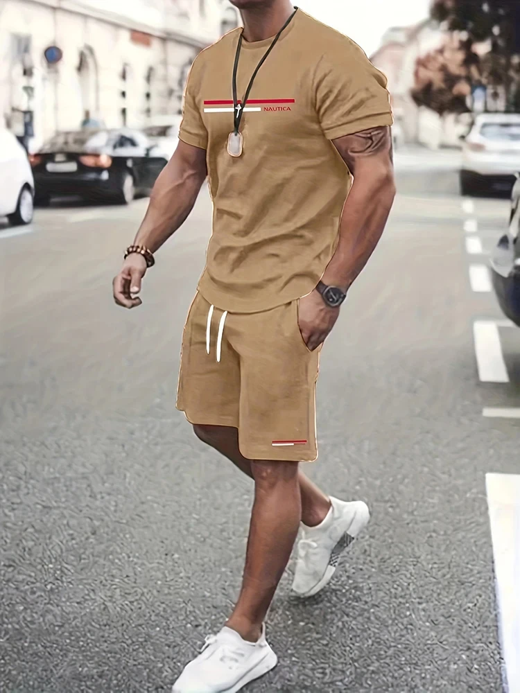 Summer street men\'s short-sleeved suit daily casual fashion short-sleeved outdoor trend sports shorts novel stripe print