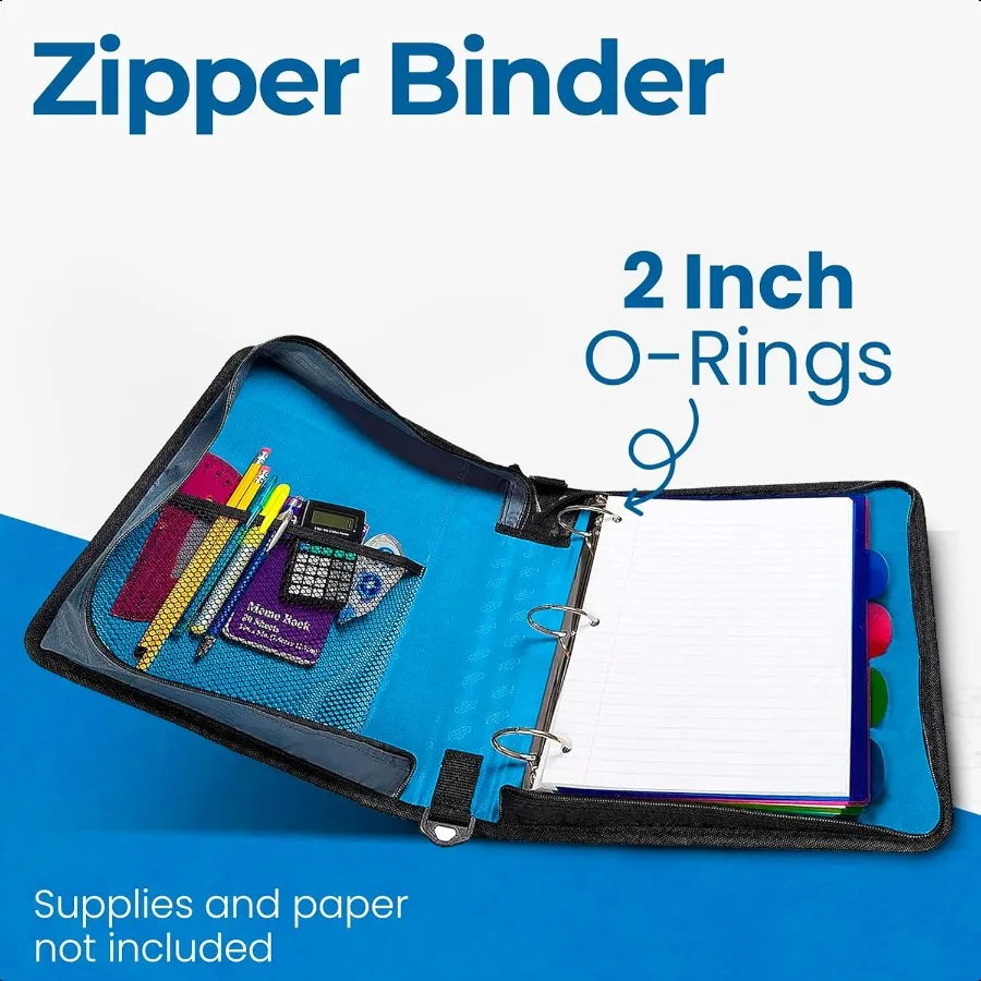 Raccoglitore classico con cerniera Orings da 2 pollici Capacità di 350 fogli Tasche portaoggetti multiple Tracolla Organizzatore per ufficio scolastico D251 Deni