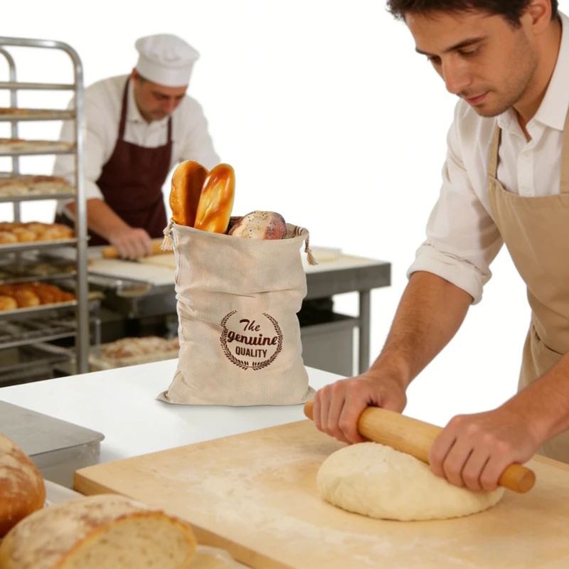 Leinen-Brotbeutel Wiederverwendbare Aufbewahrungstasche mit Kordelzug für Hausgemachtes Handwerkshandwerk, Brot und Baguette, Atmungsaktiver Umweltfreundlicher Lebensmittelbehälter – Detail 6