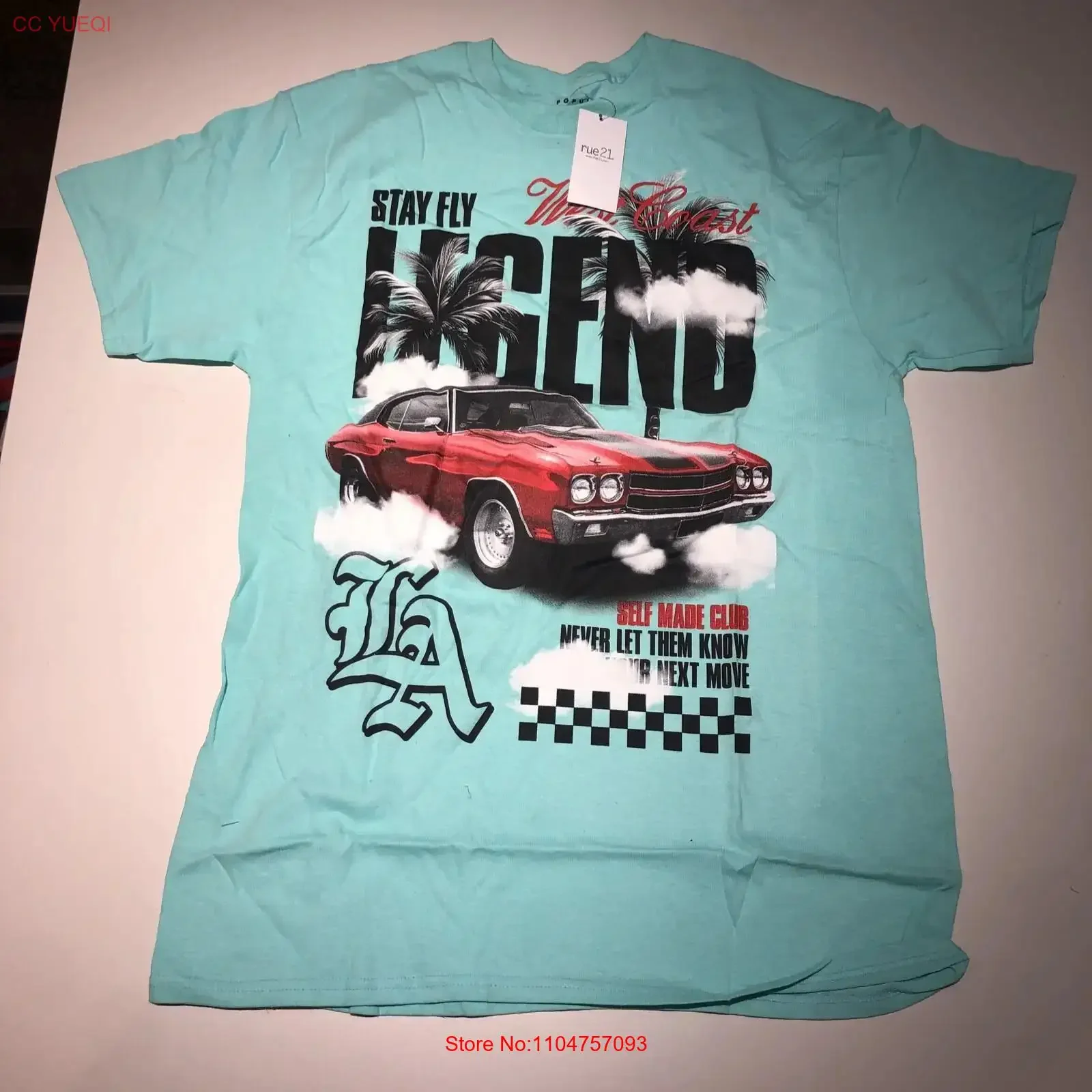 Camiseta Rue21 West Coast Turquoise Stay Fly Legend, Talla Mediana, Estilo Vintage Lavado, Gráfico Elegante, Streetwear Versátil y Transpirable para Hombre