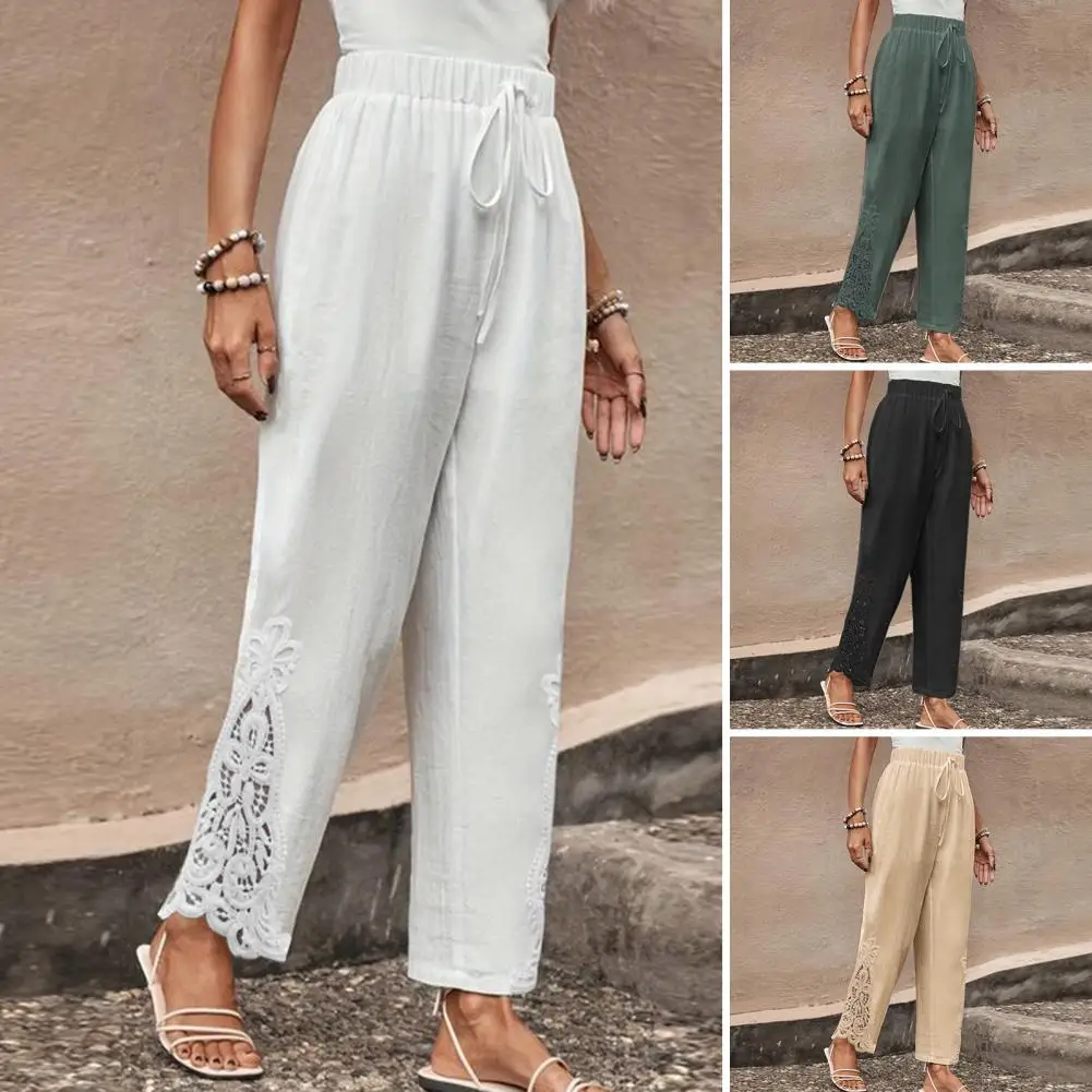 

Women Straight-leg Sweatpants Elegant Wide Leg Trousers Embroidered Lace Elastic Waist Stylish Pockets for Women's Fashion Women