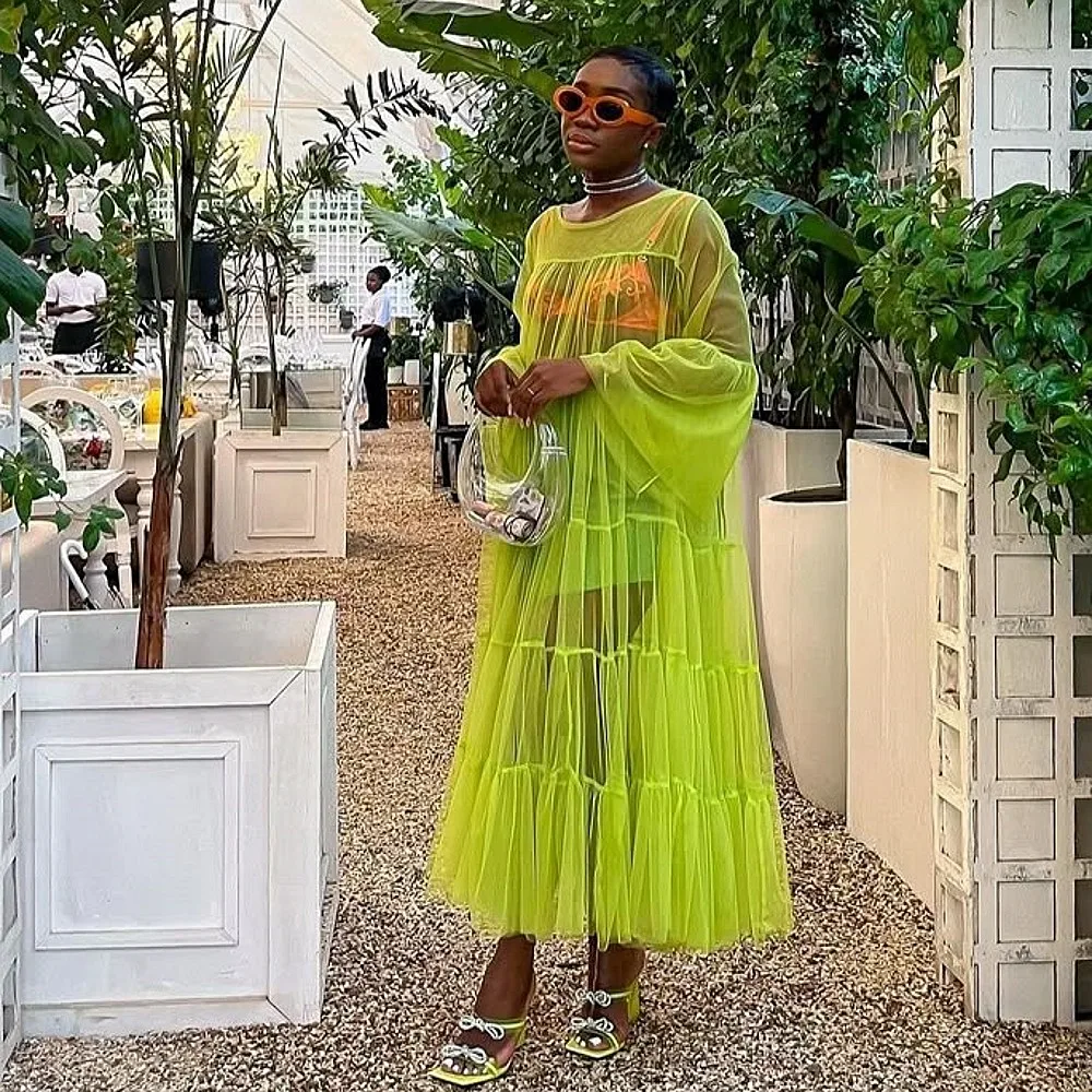 

Green See Through Maxi Dresses Tulle Scoop Long Sleeves Pleats Birthday Dress High Street Summer Holiday Gowns