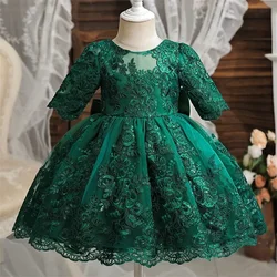 Abito da principessa per matrimonio di Capodanno per neonate Compleanno Abito per un anno Festa Battesimo Abito di gala Fiocco verde Costume natalizio 1-5 anni