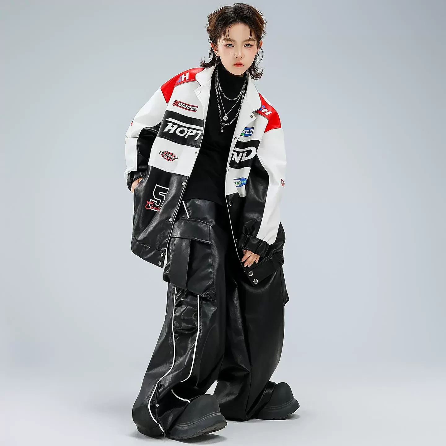 

Children Boy Girl Streetwear Hip Hip Leather Jacket Pant Sets Kids Coat Trousers Fashion Show Performance Clothes Costumes