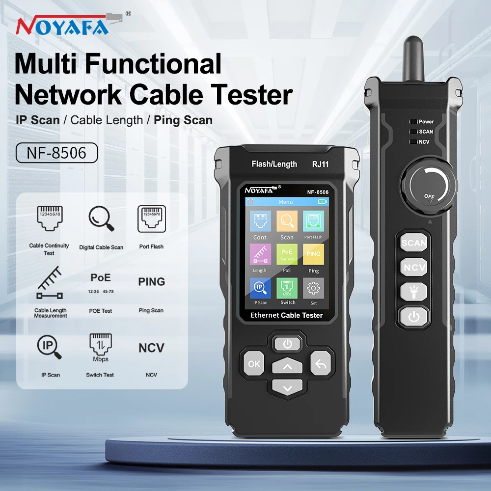 NOYAFA Tester kabli sieciowych NF-8506 Obsługa śledzenia kabli Test PING/skanowanie IP/Poe Zmierz długość Tester kroplówek wirówkowych Narzędzia Networt