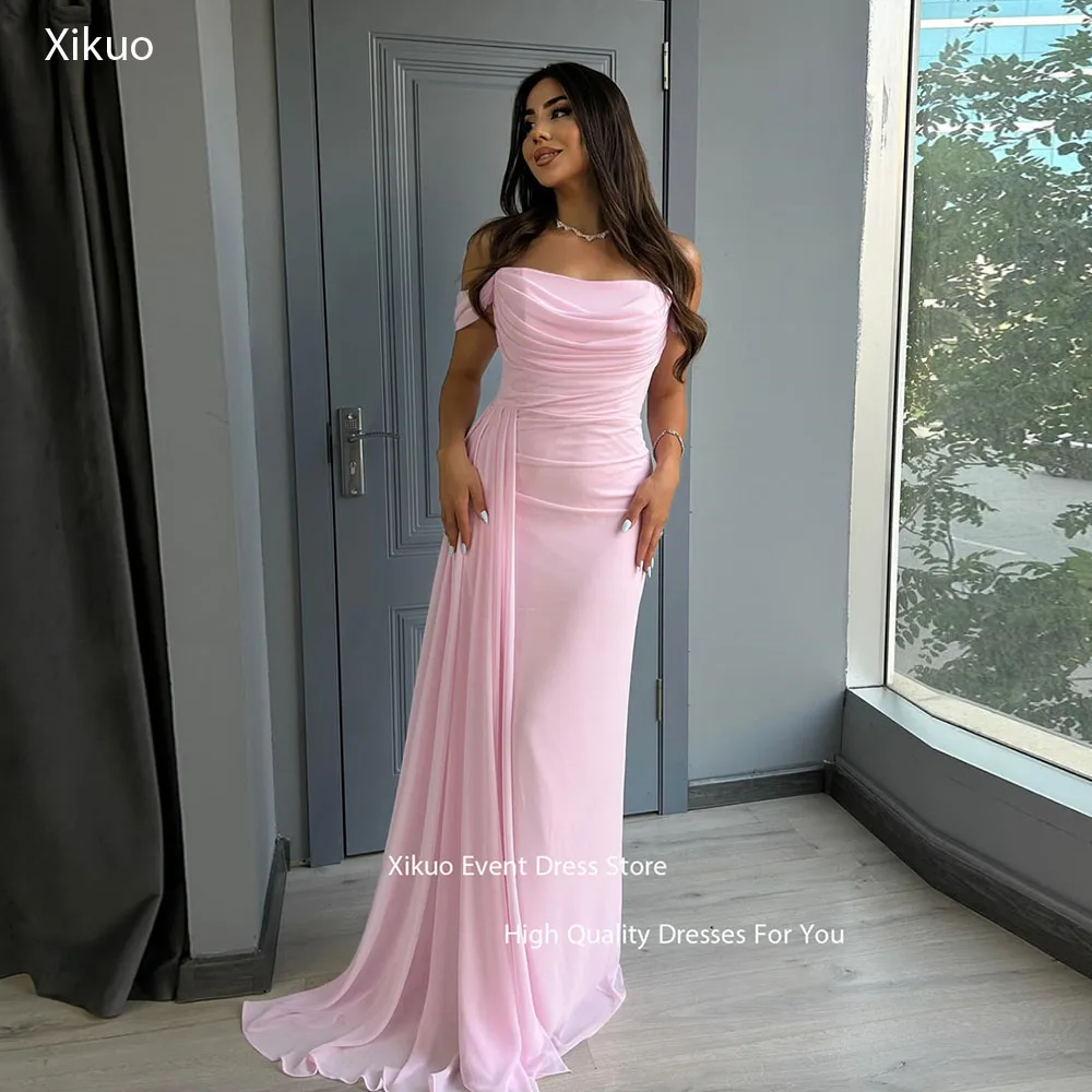 Xikuo Rosa Gerafftes Abendkleid Asymmetrische Chiffon-Partykleider Schulterfrei Stilvolles bodenlanges Vestidos De Fiesta Maßgeschneidert