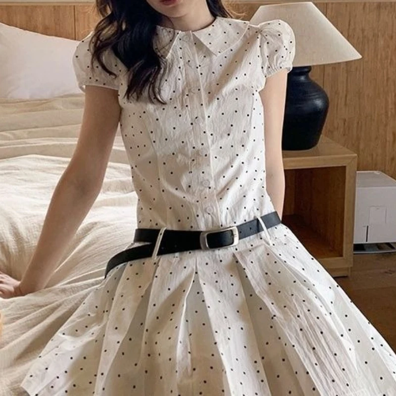 

French Polka-dot Puff Sleeve Waist I-pleat Dress Female Niche Summer Cheap Lapel Temperament A-line Skirt