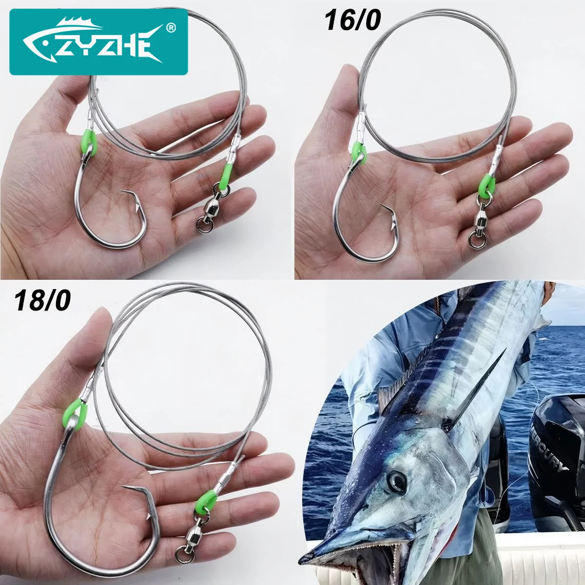 ZYZHE 2 Stück/Set Meeresfischerei-Haken Thunfisch-Rigs Groß 14/0 #   16/0 #   18/0 #   Kreishaken mit 49-Strang-Stahldraht für Boot-Angelausrüstung und Hai-Rigs