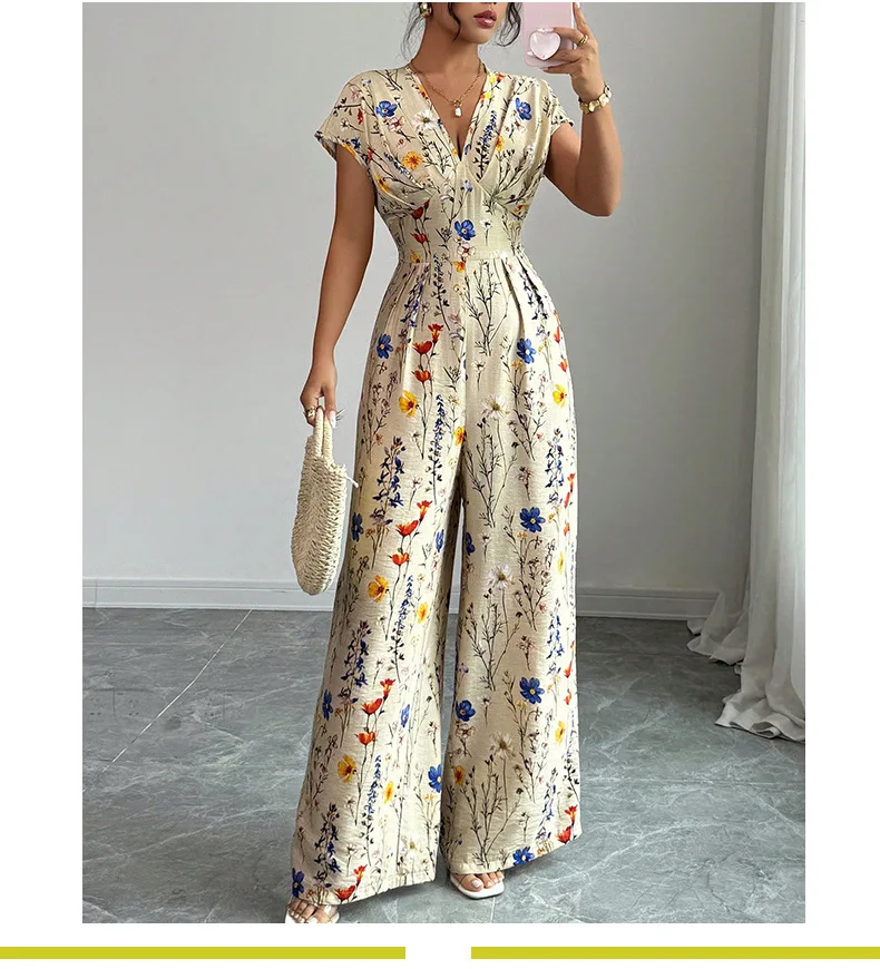 Lente en zomer Europese en Amerikaanse klassieke elegante damesjumpsuit met frisse bloemenprint, korte mouwen en hoge taille met rechte pijpen