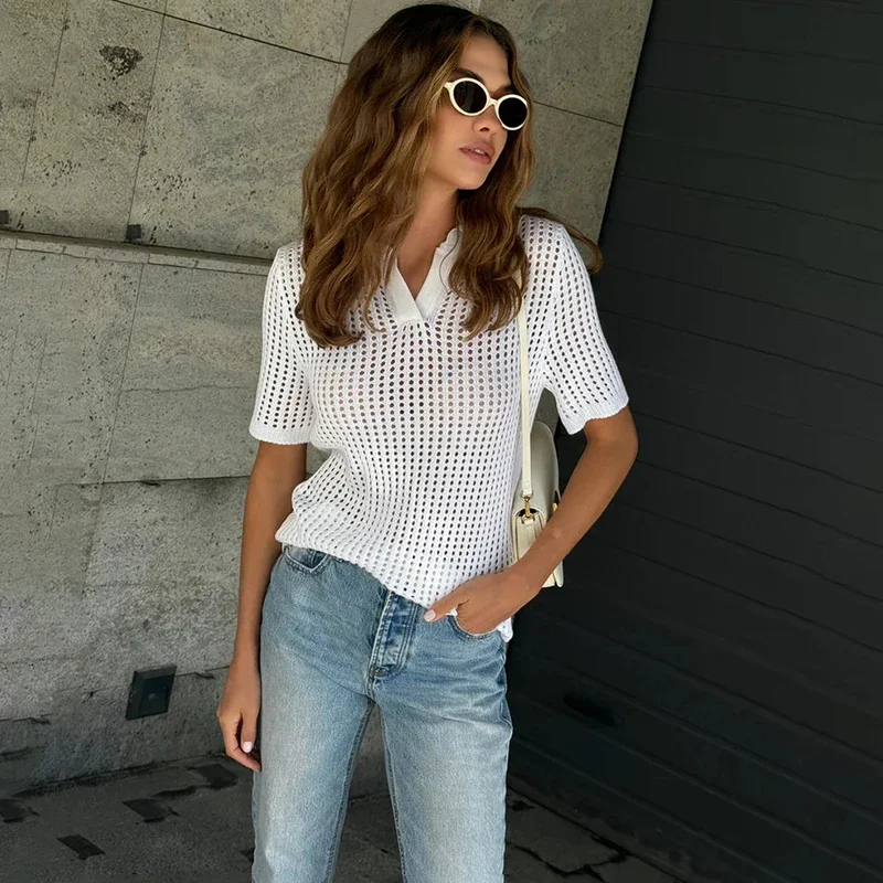 

Hollow Knitted Short Sleeve T shirt For Women Sexy Casual Lapel Sweater Top Fashion Solid Pullover Knit T shirt New