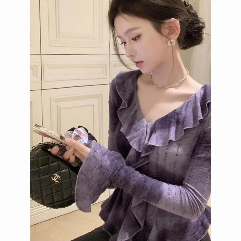 2025 Otoño Invierno personalidad madura ligera altamente conocible generoso ropa adecuada Tops de punto púrpura mujeres