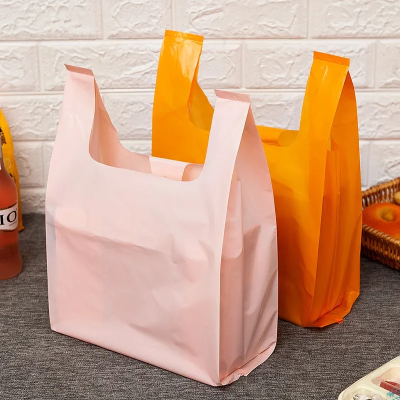 50Pcs Solid Color Thicken Plastic BagTakeaway Dessert Supermarket Grocery Shopping Plastic Bags with Handle Food Packaging Bag