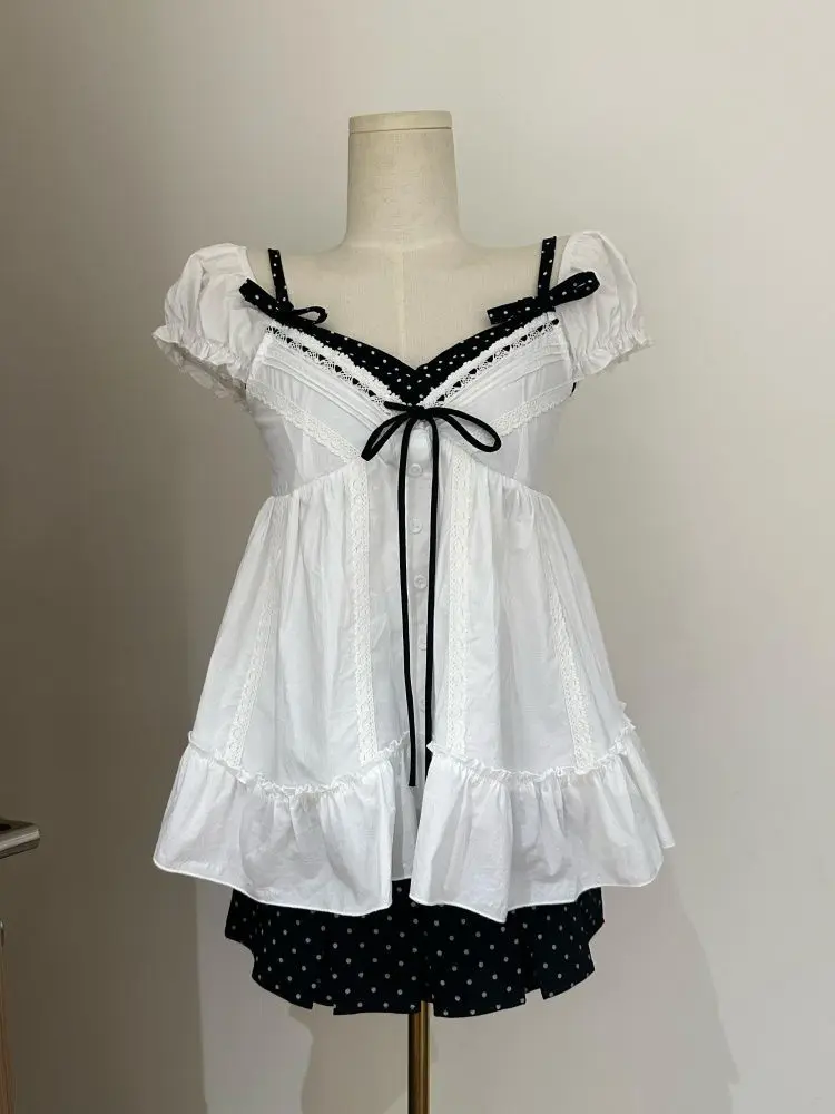 

Onalippa 2026 Japanese Style Girlish Outfit Summer Lace Fake Two-piece Top Plaid Skirt Two-piece Set Women Clothing