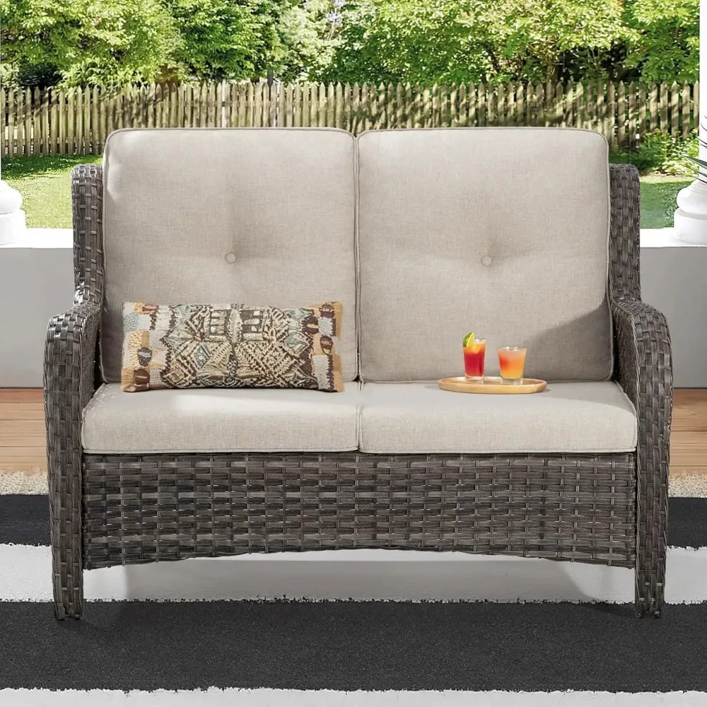 Pátio Loveseat Sofá, sofá de vime ao ar livre, 2-Seater Móveis com Costas Altas e Olefin Almofadas, Bege, 33 "D x 49" W x 34 "H