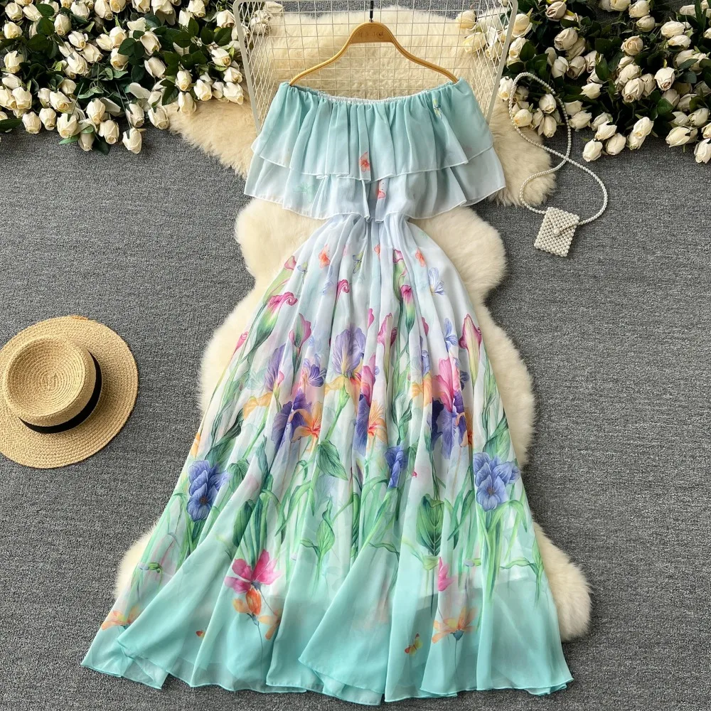 

Retro Print Ruffle Elegant Short Sleeve Slash Neck Chiffon Dress A-line Casual High Waist Women Summer Dresses