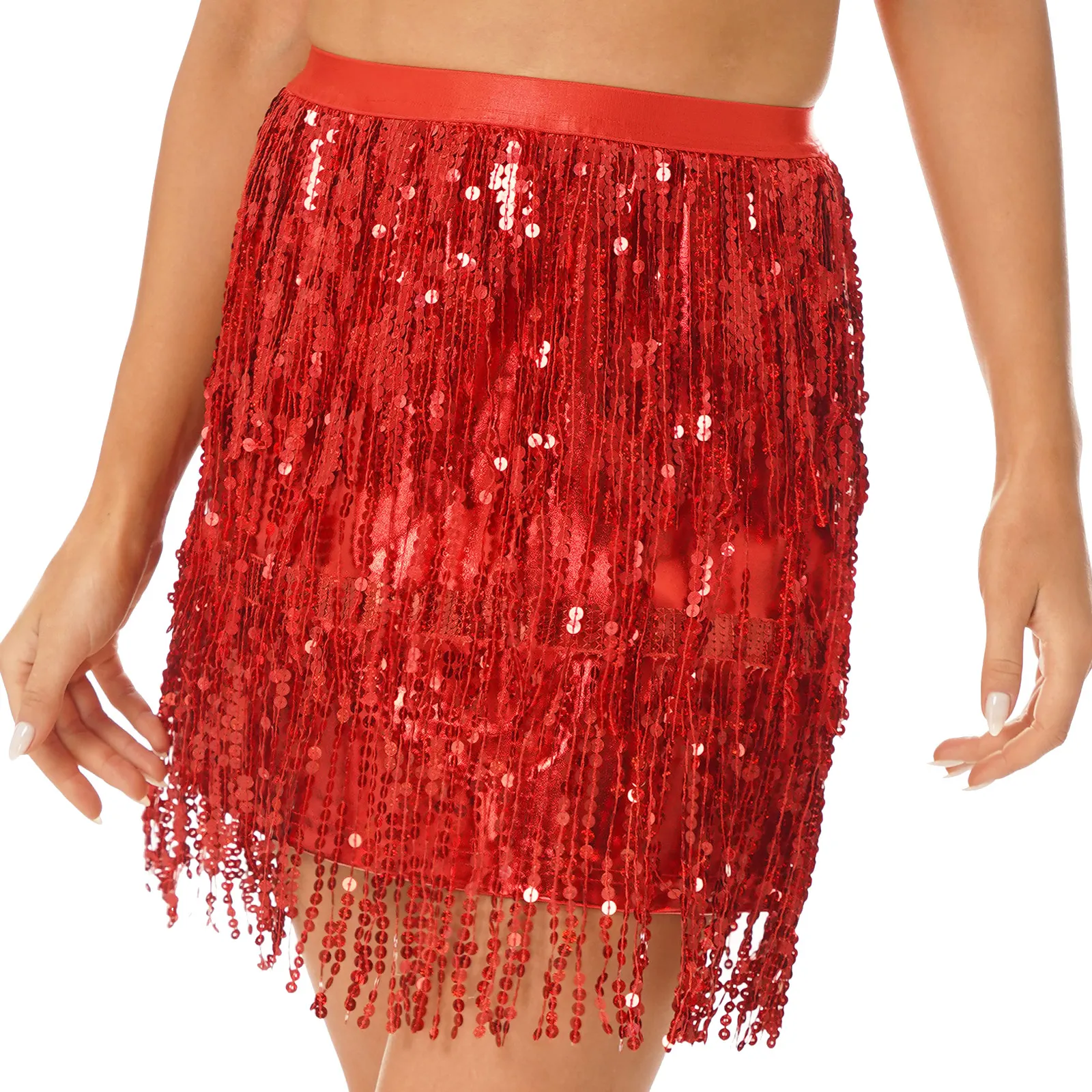 Womens Sparkly Sequin Tassel Skirt Latin Dance Performance Costume Elastic Waistband Patent Leather Fringed Skirts Clubwear