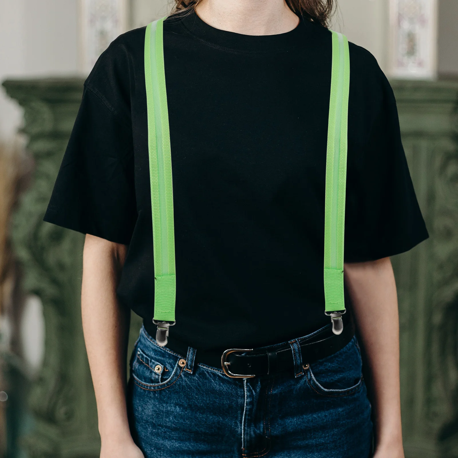Glowing Suspenders Led Clip-On Adjustable Y-Shaped Luminous Braces For Jeans Shorts Elastic Light Up Straps Green