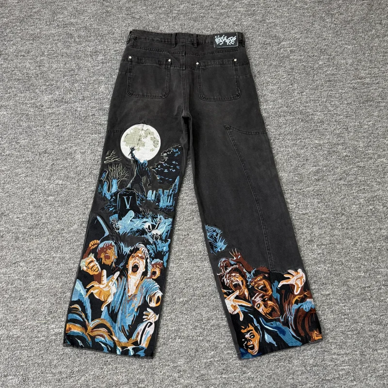 2026 Street Hip Hop Trend Brand High Quality Horror Night Embroidered Cow Vescartes Jeans Pants