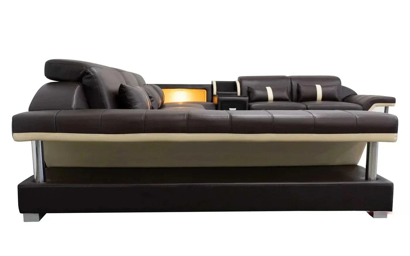 Conjunto de sofá seccional de cuero genuino minimalista moderno con almacenamiento incorporado, mesa de centro de vidrio y soporte para TV para sala de estar