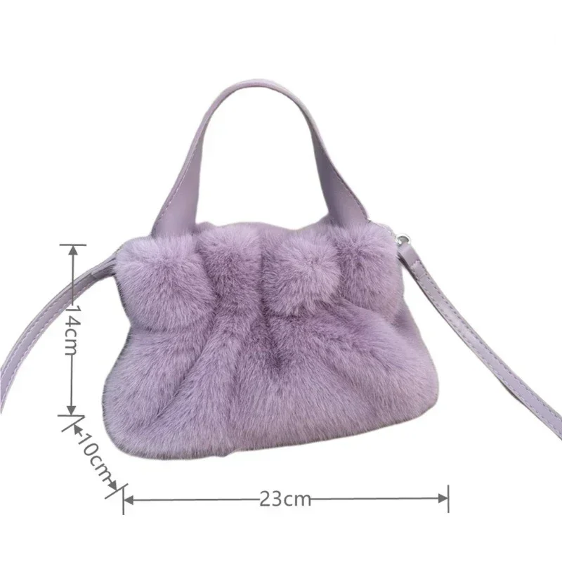 Women Faux Fur Shoulder Bag  with PU Strap Lady Ruched Plush Handbags Armpit Casual Square Crossbody Winter