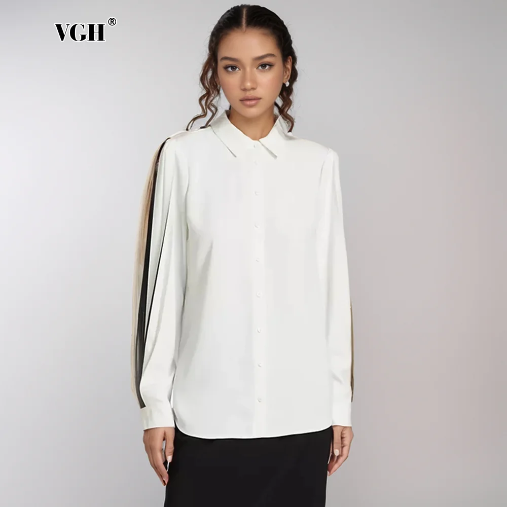 

VGH Minimalist Spliced Single Breasted Loose Blouses For Women Lapel Lantern Sleeve Casual Shirts Female Fashion Clothing New