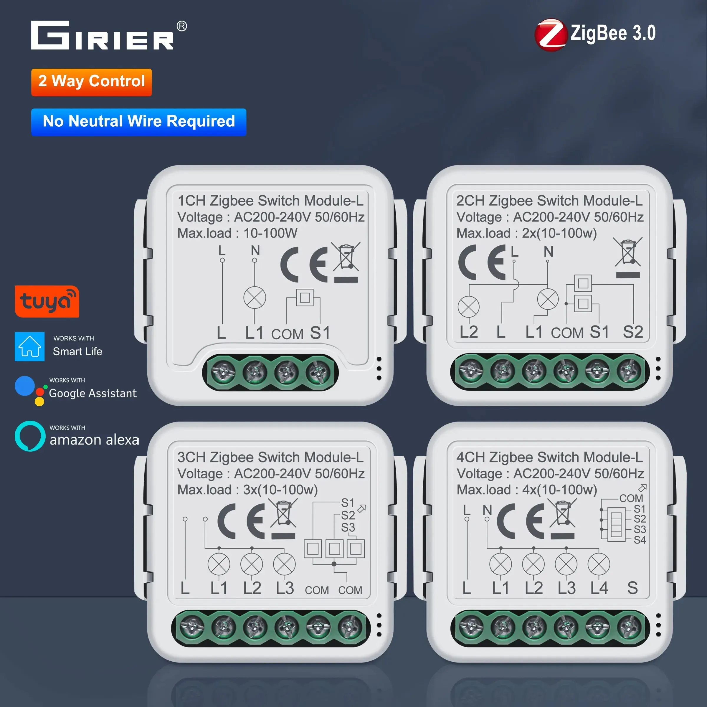 GIRIER 투야 지그비 3.0 스마트 스위치 모듈 중립 와이어 없음 스마트 홈 필수 DIY 조명 차단기 알렉사 구글홈 지원 