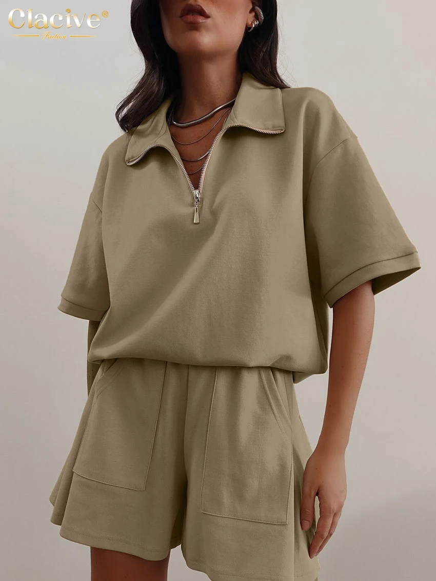 

Clacive Summer Loose Khaki 2 Piece Sets Woman Outfit Fashion Short Sleeve Shirt Wiith High Waist Shorts Set Female Streetwear