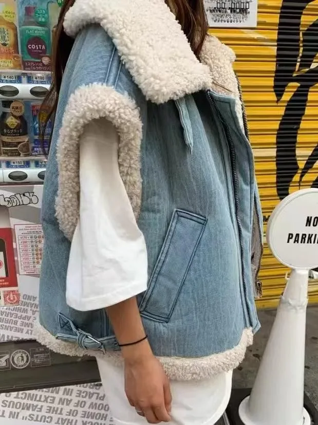 

Джинсовый хлопковый жилет из меха ягненка в стиле пэчворк, женский зимний жилет с воротником на подкладке, теплая теплая накладка на плечо Jaet