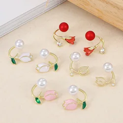 Korean Fashion Pink Red White Tulip Earrings For Women Jewelry 2024 Trending New Vintage Women's Pearl Flower Stud Earrings Gift